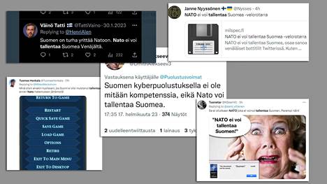 Häirikköjen ”Nato ei voi Suomea tallentaa” -viesteistä alettiin synnyttää Twitterissä nopeasti myös meemejä ja kaikenlaista hupailua.