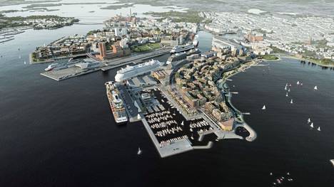 Havainnekuva näyttää, miltä Hernesaari olisi voinut näyttää, jos Helsingin kaupungin suunnitelma alueen kehittämisestä olisi toteutunut.