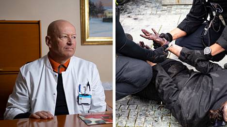 Niuvanniemen sairaalan ylilääkäri Tero Hallikainen ja maahan painetun mielenosoittajan kiinniottaminen Berliinissä heinäkuussa 2022.