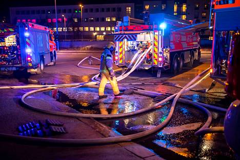 Fire trucks pumped water to fire extinguishers on Monday night.