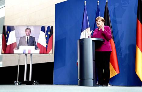 Ranskan presidentti Emmanuel Macron ja Saksan liittokansleri Angela Merkel järjestivät yhteisen videokonferenssin ja -lehdistötilaisuuden maanantaina.