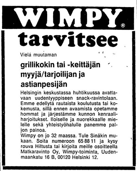 Matkaravinto-yhtiö haki työntekijöitä uuteen ravintolaansa ilmoituksella Helsingin Sanomissa 25. maaliskuuta 1973.