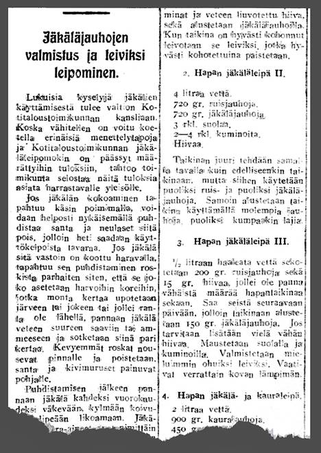 In the independent country of Finland, there is a severe food shortage.  On December 7, 1917, Aamulehti tells how lichen can be used in baking bread.  The magazine publishes three different lichen bread recipes.