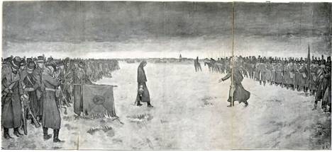 Viaporin varuskunta luovuttaa aseensa venäläisille. Magnus Adlercreutzin maalaus 1800-luvun lopulta.
