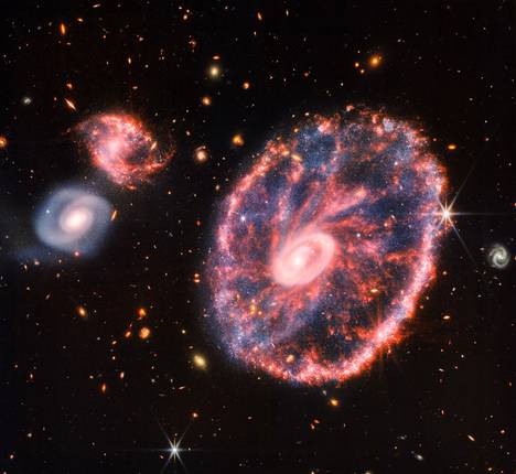 Kärrynpyörägalaksin punaisten ”puolien” alueella on paljon hiilivetyjä.  Vasemmalla on kaksi pientä galaksia. Kaikki kolme galaksia ovat noin 500 miljoonan valovuoden  päässä. 