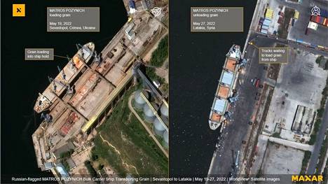 Satelliittikuvayhtiö Maxarin kuvapari näyttää, miten viljaa kuljettanut Matros Pozynizh -rahtilaiva lastattiin Krimin Sevastopolissa 19. toukokuuta ja sen lasti purettiin Syyrian Latakiassa 27. toukokuuta.