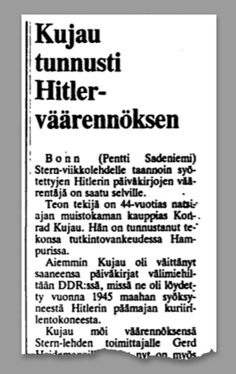 Hitler-päiväkirjaväärennöksen uutisointia Helsingin Sanomissa 28. toukokuuta 1983. Päiväkirjat väärentänyt Konrad Kujau toimi myös peitenimellä Peter Fischer.