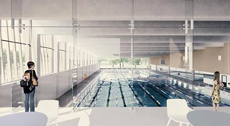 Havainnekuva antaa käsityksen, millainen näkymä Matinkylän uuden uimahallin kahviosta olisi 50 metrin altaalle.