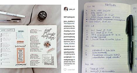 Instagramin kaunis bullet journal (vas.) ja itse tekemämme koruton versio.