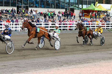 Ohjastaja Jukka Keskisalo hevosella Anything Goes (vas.) ja maastohiihtäjänä paremmin tunnettu Iivo Niskanen hevosella Bella Follo kilpailivat Mikkelin raveissa 17. heinäkuuta.