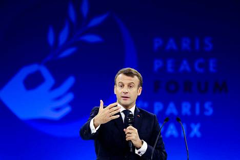 Ranskan presidentti Emmanuel Macron puhui Pariisissa järjestetyn rauhanfoorumin avaustapahtumassa 12. marraskuuta.