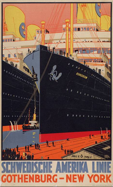 M/S Kungsholmen was launched in 1928.. A generous amount of money was used to decorate the luxury ship, and it can be considered one of the overall works of art of its era.  The poster of the shipping company is shown in the picture.