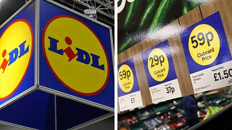 Tescon alennuskampanjan visuaalinen ilme (oikealla) näkyi lontoolaisessa supermarketissa helmikuussa 2022. Ilme muistutti Lidlin logoa (vasemmalla). 