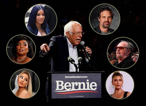Demokraattien tämänhetkistä kärkiehdokasta Bernie Sandersia ovat julkkiksista ilmoittaneen kannattavansa mm. Ariana Grande (vas. alh.) Lizzo, Cardi B, Mark Ruffalo, Jack Nicholson ja Hailey Bieber.