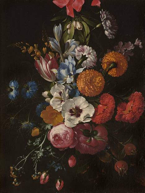 Kukkamaalaukset on keskitetty Trädgården-näyttelyssä sivuhuoneeseen, mutta aihepiiriä löytyy lisää museon kokoelmanäyttelystä. Johan Johnsenin (1653–1708) kukka-asetelmassa on laskettu olevan peräti 17 erilaista kukkaa. Ne olivat peräisin aikakauden kasvihuoneista ja kukkivat eri-aikaisesti.