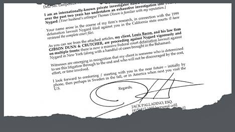 Suursijoittaja Louis Baconin yksityisetsivät Jack Palladino pyysi Linda Lampeniuksen apua Peter Nygårdin vastaisissa jutuissa 26. kesäkuuta 2015 San Franciscossa päivätyssä kirjeessä.