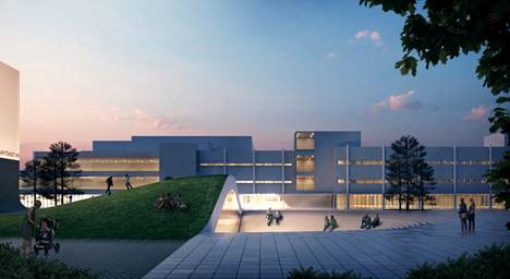 Verstas-arkkitehtitoimiston havainnekuva vuoden 2019 ehdotuksesta Espoon kulttuurikeskuksen uudistuksesta ja laajennuksesta.