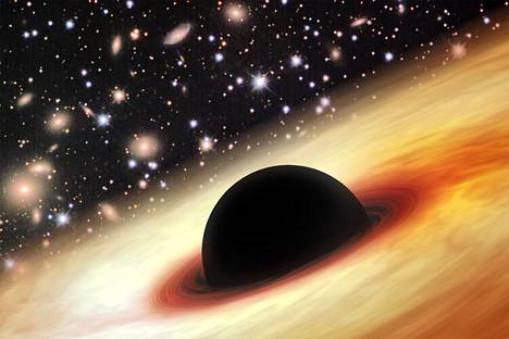 Taiteilijan näkemys hyvin kaukaa löydetystä supermassiivisesta mustasta aukosta.