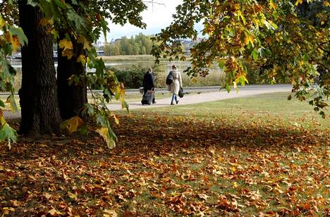 Jalankulkijoita ja puista pudonneita lehtiä syksyisessä Hesperian puistossa Helsingissä 23. syyskuuta.