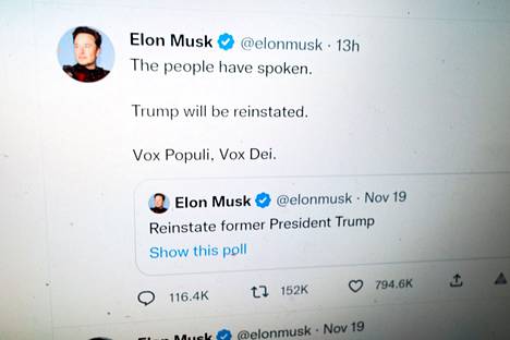 Elon Musk ilmoitti lauantaina palauttavansa Donald Trumpin Twitter-tilin, koska kansa muka niin tahtoi.