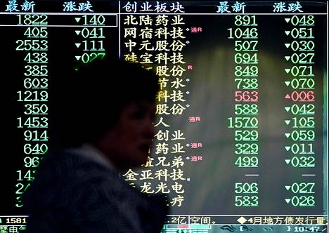 Pörssin tilannetta kuvaava näyttö pankkiiriliikkeen tiloissa Shanghaissa toukokuussa.