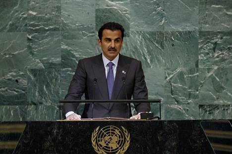 Qatarin emiiri Tamim bin Hamad al-Thani puhui tiistaina YK:n yleiskokouksessa.