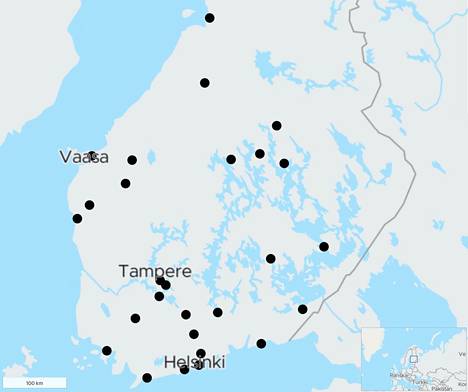 Kartassa näkyy, miten Suomeen tulleet 22 Eurojackpotin päävoittoa ovat jakautuneet maantieteellisesti. Merkittyjä paikkakuntia on enemmän kuin 22, koska osa voitoista on osunut peliporukoille ja potit ovat jakautuneet useille paikkakunnille.