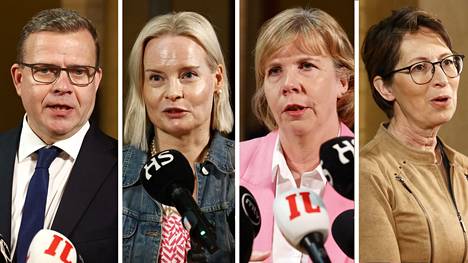 Hallituksen muodostaja Petteri Orpo (kok), Riikka Purra (ps), Anna-Maja Henriksson (r) ja Sari Essayah (kd) kuvattuina hallitusneuvotteluissa Säätytalolla.
