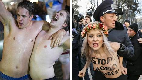 Miehet saivat toukokuussa juhlia Suomen lätkäkultaaa rauhassa ilman paitaa, mutta ukrainalainen paidaton Femen-mielenosoittaja joutui poliisin pidättämäksi Kiovassa marraskuussa 2015.