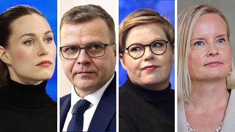 Puolueidensa puheenjohtajat Sanna Marin (sd), Petteri Orpo (kok), Annika Saarikko (kesk) ja Riikka Purra (ps).