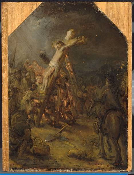 Rembrandtin Ristin pystyyn nostaminen -öljyväriluonnos on kooltaan noin 39 x 30 cm.