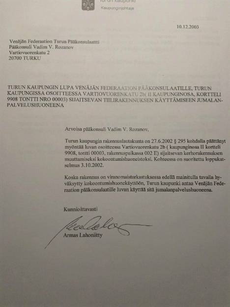 Turun kaupunginjohtajan Armas Lahoniityn kirje Venäjän konsulille Vladimir Rozanoville. 