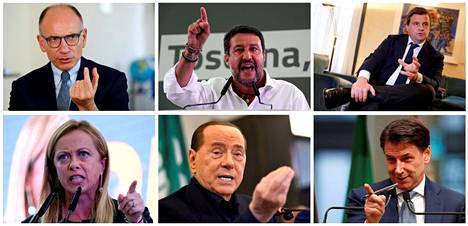 Italian puoluejohtajia ylärivillä vasemmalta oikealle: Enrico Letta (PD), Matteo Salvini (Lega), Carlo Calenda (Azione). Alarivillä vasemmalta oikealle: Giorgia Meloni (Idl), Silvio Berlusconi (Forza Italia), Giuseppe Conte (Viiden tähden liike). 