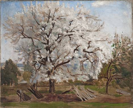 Kukkivaa omenapuuta esittävä Carl Fredrik Hillin öljyvärimaalaus Det blommande fruktträdet  on vuodelta 1877, jolloin taiteilija työskenteli Ranskassa. Samana vuonna Hillin  mielenterveys alkoi järkkyä, ja seuraavana vuonna häntä hoidettiin mielisairaalassa. – Teos kuuluu Nationalmuseumin kokoelmiin.