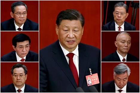 Kuvassa Kiinaa johtavat Xi Jinping (kesk.), Li Qiang, Zhao Leji, Wang Huning, Cai Qi, Ding Xuexiang, ja Li X.
