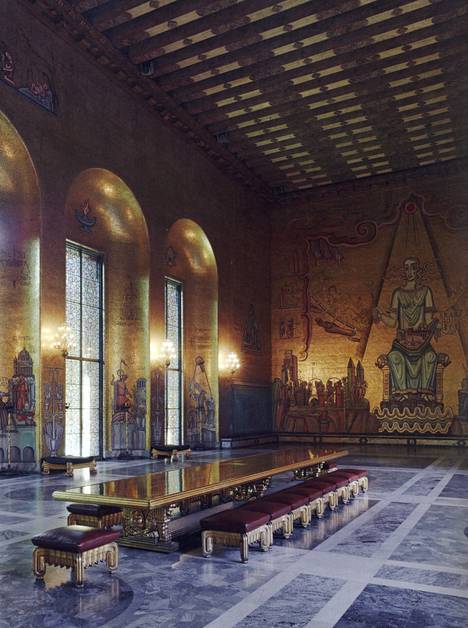 The Golden Hall of Stockholm City Hall.  The mosaic was designed by Einar Forseth and the furniture by Ernst Spolén.