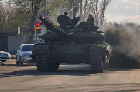 Russian soldiers in Russian-occupied Donetsk in April.
