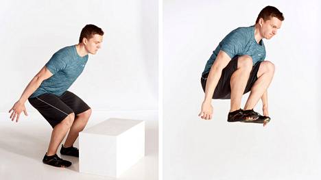 Boksihyppy on erityisen tehokasta treeniä jaloille: se vahvistaa pakaroita, etu- ja takareisiä sekä nilkan ojentajia. Malli näyttää fysiikkavalmentaja Olli Koskinen.