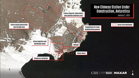 Ajatushautumon koostama satellittikuva näyttää Kiinan tukikohdan rakennustyöt.
