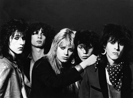 Nasty Suicide, Gyp Casino, Michael Monroe, Sami Yaffa ja Andy McCoy: Hanoi Rocksin alkuperäiskokoonpano vuonna 1982. 