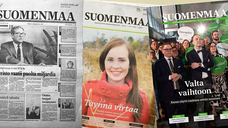 Sanomalehtenä ilmestynyt Suomenmaa vuonna 1991, viikkolehti-Suomenmaa vuonna 2015 ja lehden tuorein, huhtikuussa julkaistu numero.