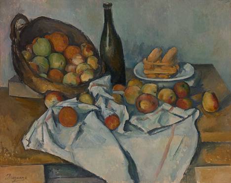 Paul Cézanne: Omenakori, n. 1893, öljy kankaalle. Hedelmäasetelmista tuli esikuvallisia teoksia, joihin on jo kauan viitattu taideopetuksessa. – The Art Institute of Chicago.