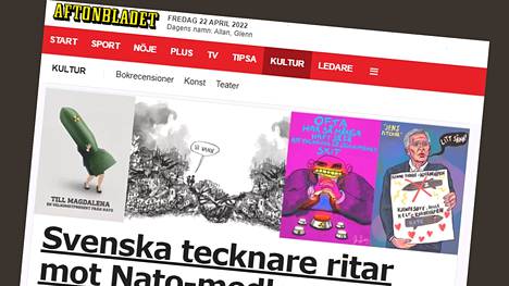 Pilapiirroksissa kuvataan muun muassa Ruotsin pääministeri Magdalena Anderssonia, joka pitelee käsissään atomipommia. Kuvakaappaus Aftonbladetin nettisivulta.
