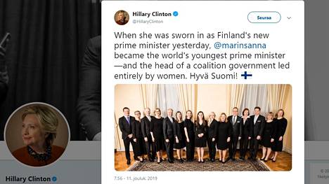 Hillary Clinton jakoi Twitterissä kuvan Suomen uudesta hallituksesta: ”Hyvä Suomi!”