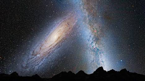 Nasan illustraatio yötaivaasta kaukana tulevaisuudessa, kun Andromeda alkaa jo olla tosi lähellä Linnunrataa.