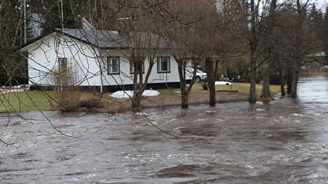 Karvianjoki hivuttautui huhtikuun alussa paikoin lähelle omakotitaloja Veneskoskella Pohjois-Satakunnassa. 