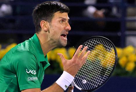 Novak Djokovic reagoi kiihkeästi pelissä Lorenzo Musettia vastaan Dubain turnauksessa 21. helmikuuta.  