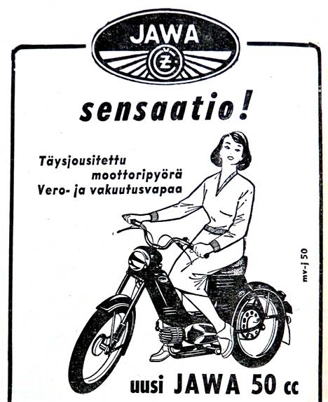 Jawa-mopedin mainos 1950-luvulta.
