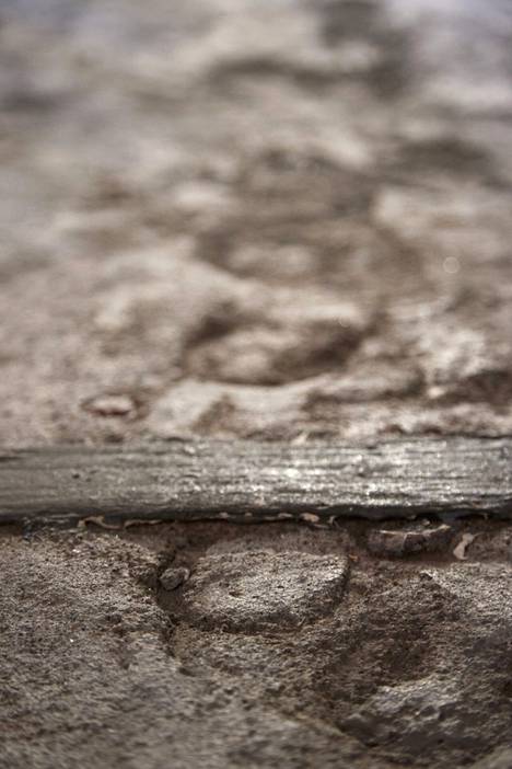 Vanhassa betonilattiassa on yhä nähtävissä kavioiden jälkiä.