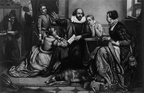 William Shakespeare resitoi Hamletia perheelleen. Tuntemattoman taiteilijan teos.